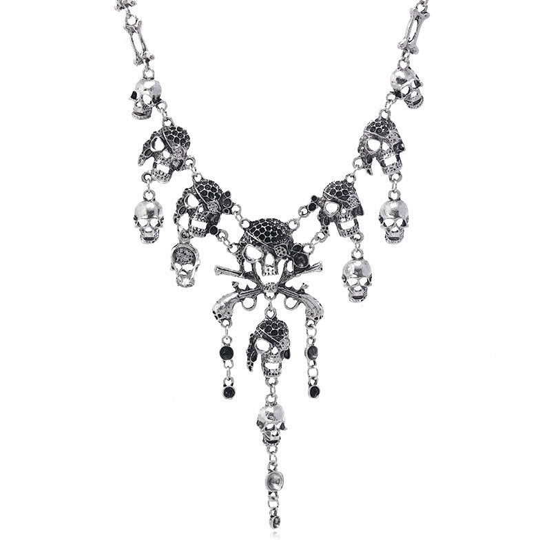 Wholesale Halloween Dark Retro Metal Tassel Skull Short Necklace